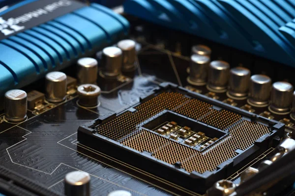 Närbild Cpu Socket Modern Dator Moderkort Elektroniska Uppgifter Små Komponenter — Stockfoto