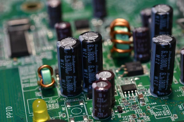 Extreme Detail Electronic Components Modern Motherboard Capacitors Resistor Other Components — Stock Photo, Image
