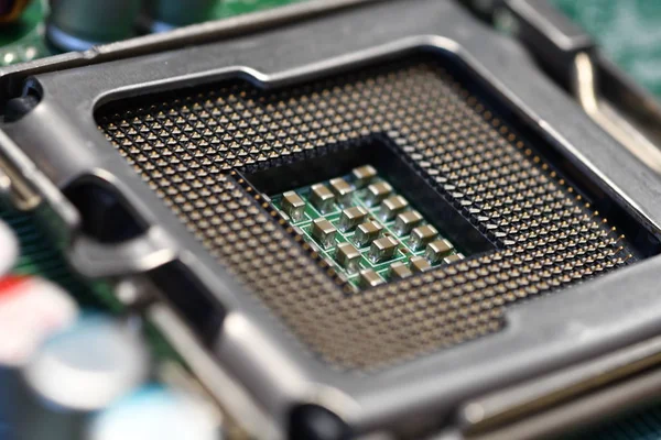 Detailní Záběr Zásuvky Cpu Moderní Počítačové Základní Desce Podrobnosti Elektronických — Stock fotografie