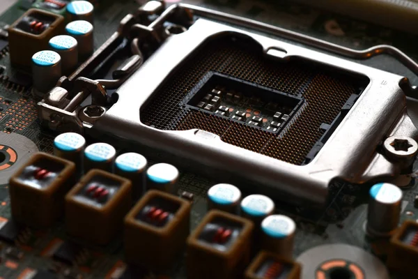 Närbild Cpu Socket Modern Dator Moderkort Elektroniska Uppgifter Små Komponenter — Stockfoto