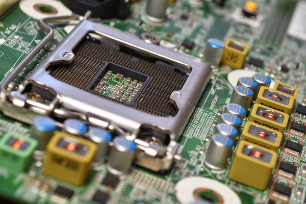 Close Van Cpu Socket Een Modern Computer Moederbord Elektronische Kleine — Stockfoto