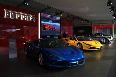 Mugello Pisti, 25 Ekim 2019: Ferrari F8 Tributo 'nun ayrıntıları İtalya' daki Mugello Pisti 'nde Finali Mondiali Ferrari 2019 sırasında sergilenmektedir. Ferrari S.P.A., İtalyan lüks spor araba üreticisi.. 