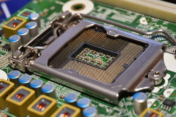 Detail Der Cpu Buchse Auf Einem Modernen Computermotherboard Elektronische Kleinkomponenten — Stockfoto