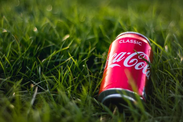 Londra, İngiltere - 26 Şubat 2017: Yeşil çimenlerin üzerinde Coca-cola konservesi