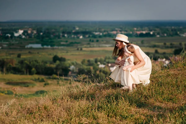 Family Mom Daughter Walking Hill Field Yellow Identical Dresses — Stock Photo, Image