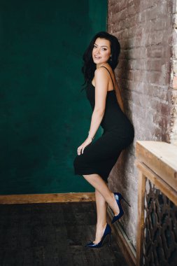 Siyah dar elbiseli ve topuklu ayakkabılı güzel bir kız. Siyah uzun dalgalı saçlar. Doğu görünüşü. Kesilmiş güzel gözler. Kahverengi kanepe ve yeşil duvar. Karanlık bir oda. Seksi ve cimri bir esmer. Portre.