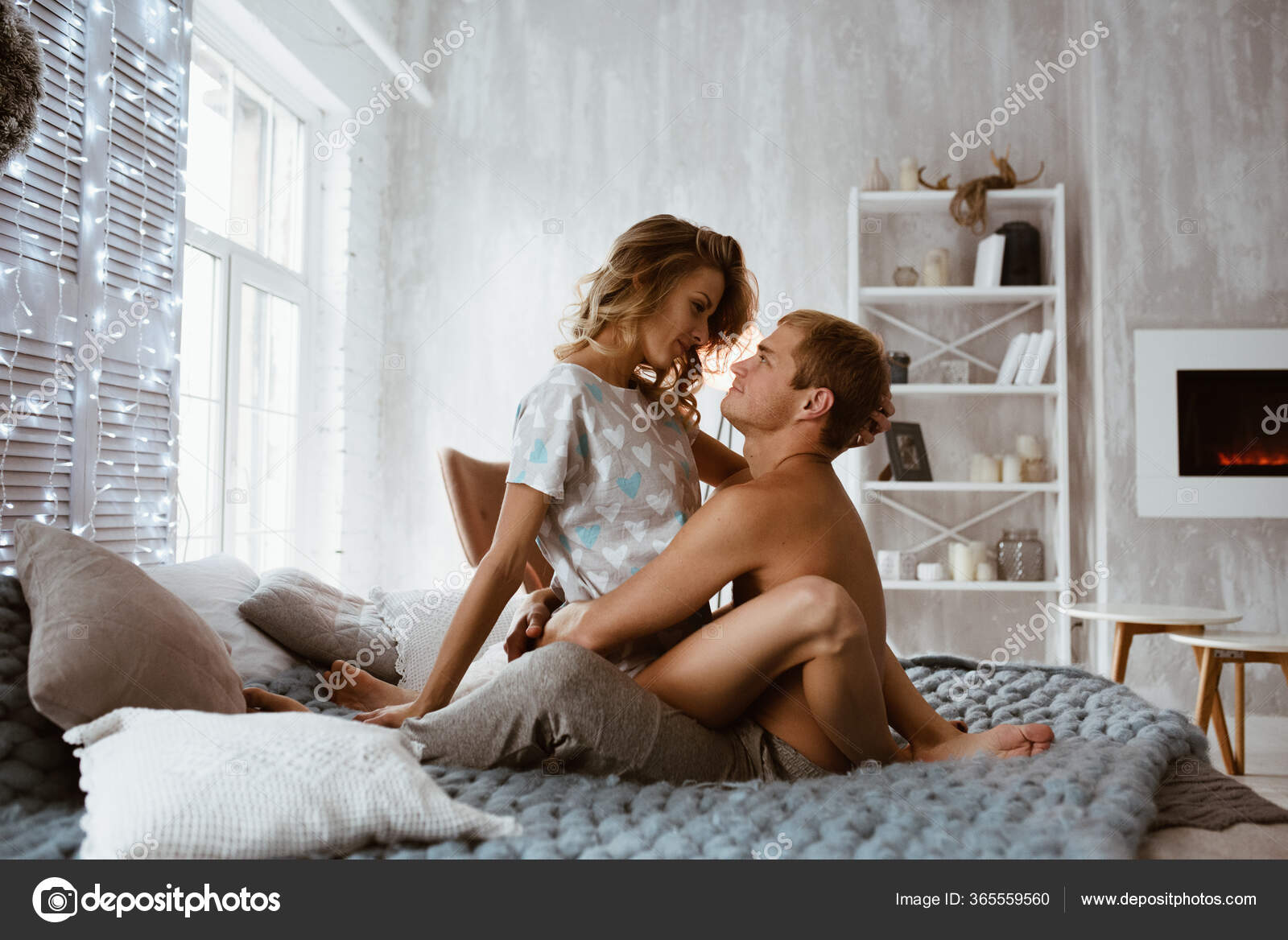 Couple Bedroom Bed Bedroom Blonde Girl Pajamas Guy Naked Torso Stock Photo  by ©Malysheva 365559560