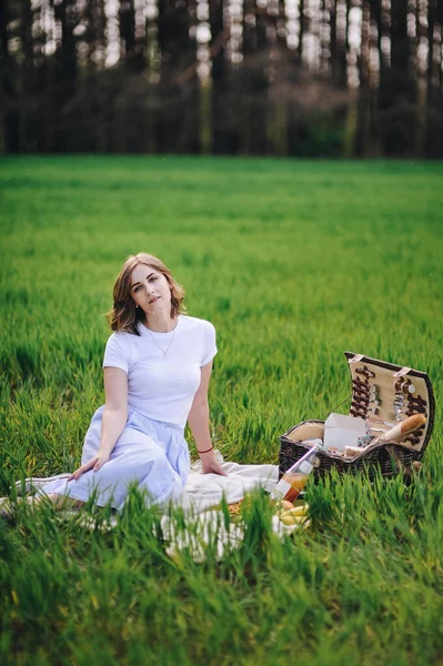 Girl Forest Picnic Sits Glade Green Grass Blue Clothes Picnic — Stock Photo, Image