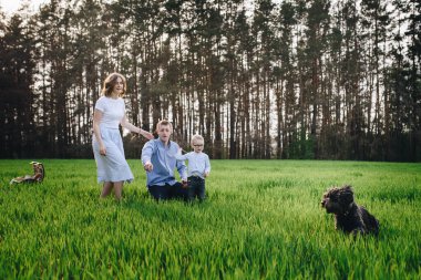 Ormanda piknikte bir aile. Açık bir alanda, yeşil çimlerde oturmak. Mavi kıyafetler. Anne ve baba oğullarıyla oynar, sarılır ve gülümserler. Gözlüklü bir çocuk. Birlikte piknik sepeti ve yiyecek zamanı. Evcil köpek..
