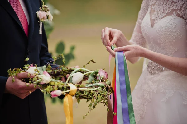 Classical Wedding Spring Ceremony Arch Fresh Flowers Rite Ribbons Creating — Stock Photo, Image