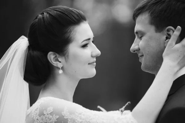 Tavasszal Esküvő Menyasszony Vőlegény Egymásra Néznek Fekete Fehér Fénykép — Stock Fotó