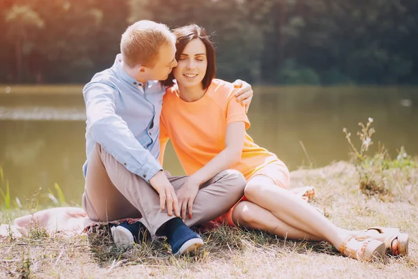 Loving couple walking park — Stock Photo, Image