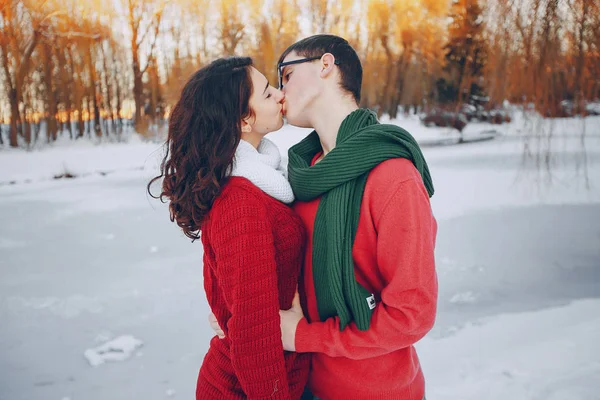 Pareja amor nieve y frío — Foto de Stock