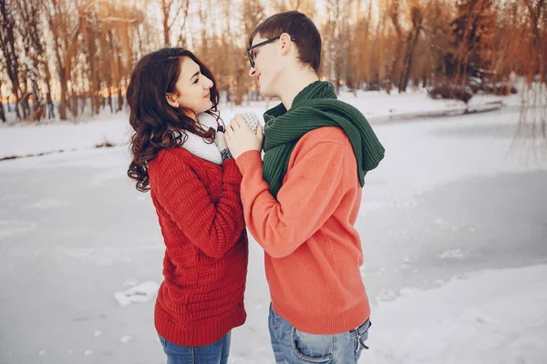 Casal amor neve e frio — Fotografia de Stock