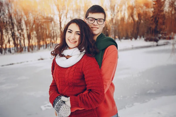 Hermosa pareja divirtiéndose en el parque durante winder —  Fotos de Stock