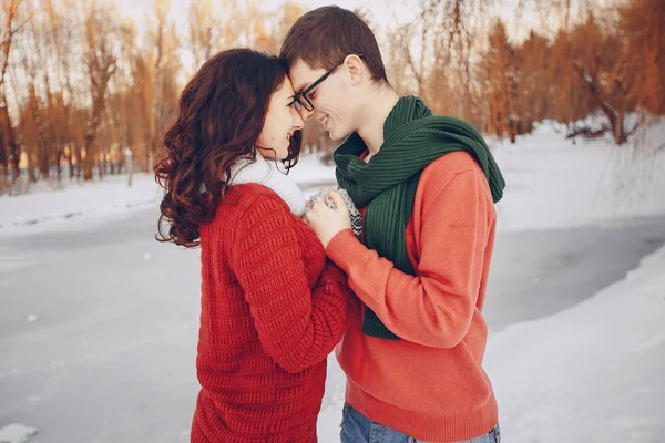 Casal apaixonado se divertindo no parque nevado — Fotografia de Stock