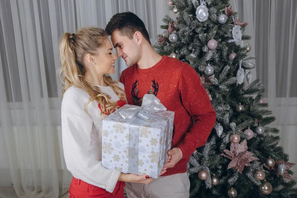 Coppia amorevole decorazione dell'albero di Natale — Foto Stock