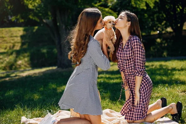 Elegant and stylish girls in a spring park — Stock Photo, Image
