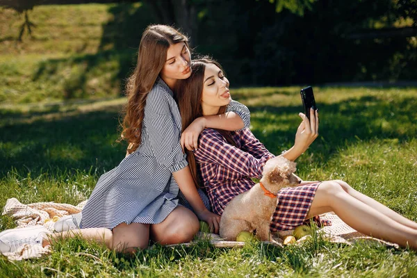 Elegant and stylish girls in a spring park — Stock Photo, Image