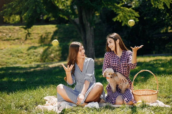 Элегантные и стильные девушки в весеннем парке — стоковое фото