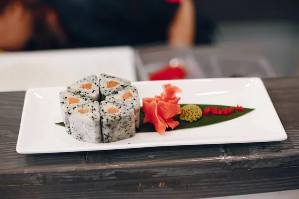 Close-up sushi on plate in a cafe — Stok Foto