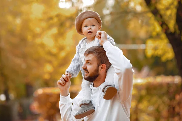 Knappe vader in een grijze trui spelen met kleine dochter in een herfst park — Stockfoto