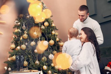 Aile Noel ağacının yanında oturuyor.