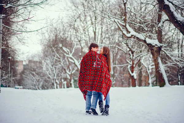 Cute couple have fun in a winter park — Stockfoto
