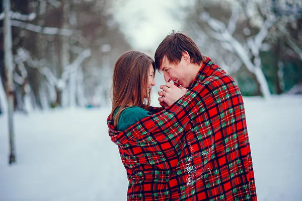 Симпатичная пара веселится в зимнем парке — стоковое фото