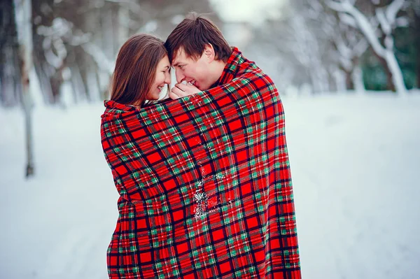 Cute couple have fun in a winter park — Stockfoto