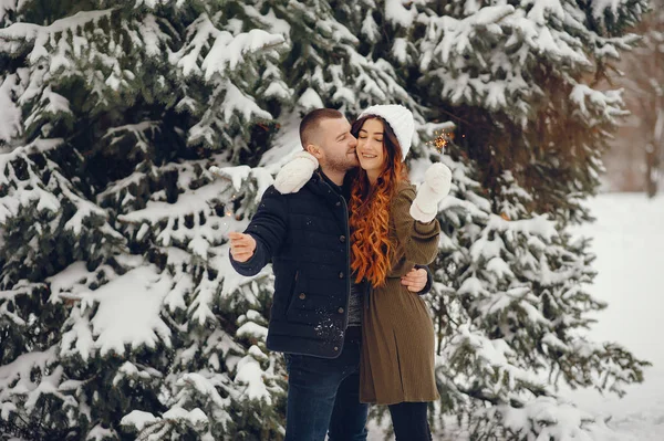 Bella donna in un parco invernale con suo marito — Foto Stock