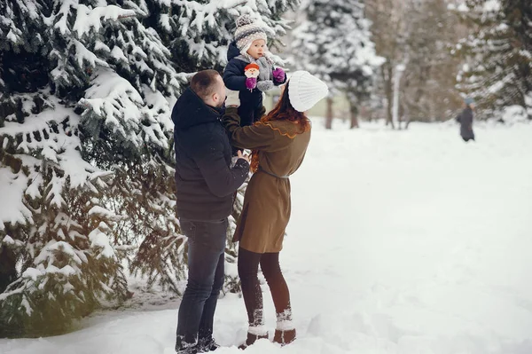 冬の公園に両親を持つ少女 — ストック写真