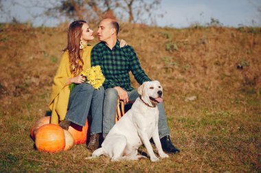 Güzel bir çift sonbahar parkında vakit geçirir.