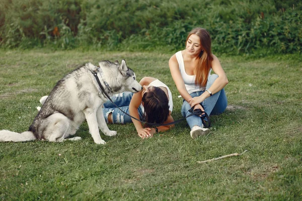 Två tjejer i en vårpark leker med söt hund — Stockfoto