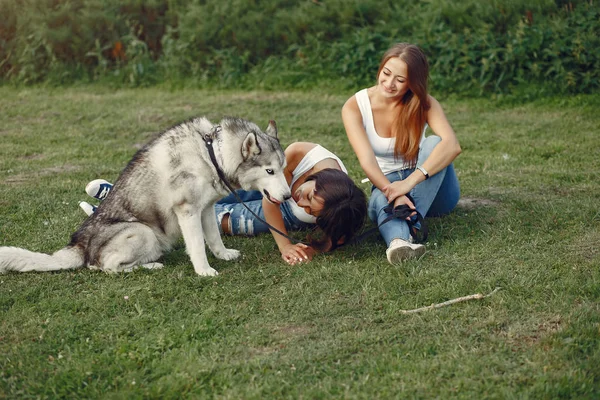 Två tjejer i en vårpark leker med söt hund — Stockfoto