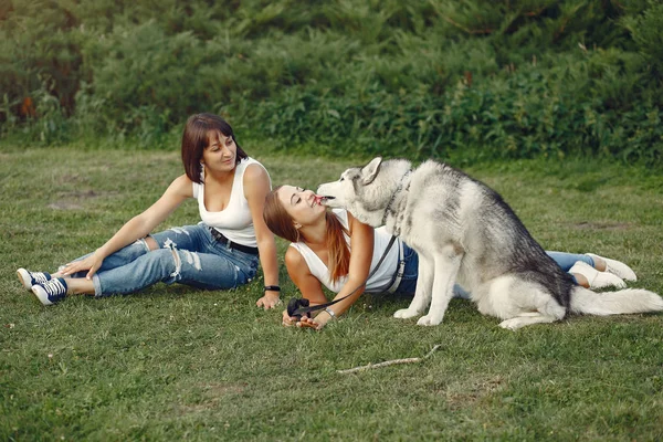 Två tjejer i en vårpark leker med söt hund — Stockfoto