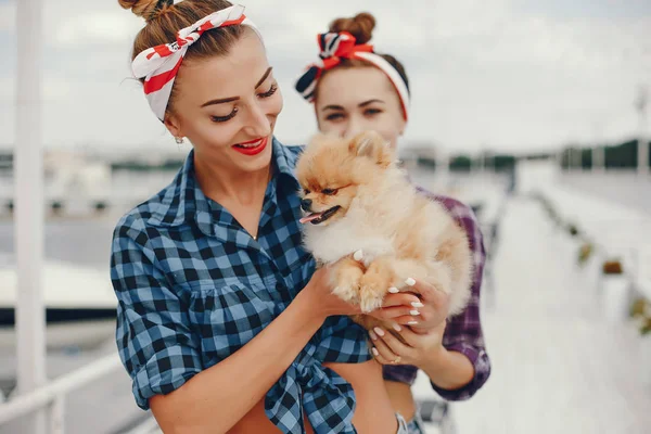 Elegante pin up ragazze con il cagnolino — Foto Stock