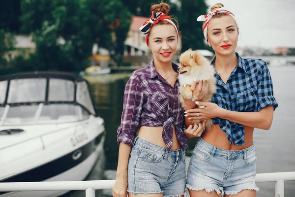 Elegante pin up ragazze con il cagnolino — Foto Stock