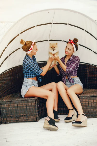 Garotas pin up elegantes com o cachorrinho — Fotografia de Stock