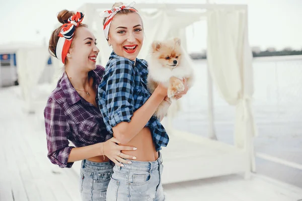 Garotas pin up elegantes com o cachorrinho — Fotografia de Stock