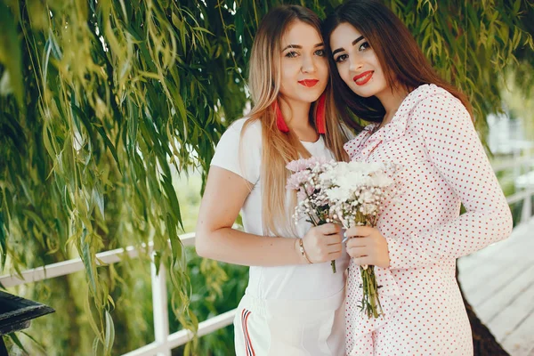 Όμορφα κορίτσια σε ένα καλοκαιρινό πάρκο σε ένα κοτοπουλάδικο — Φωτογραφία Αρχείου