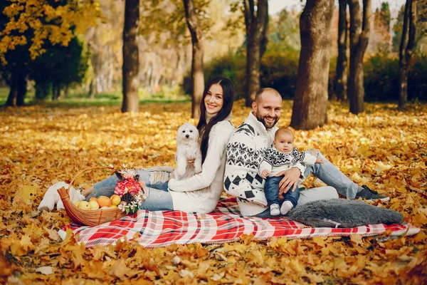 Sonbahar parkında oğluyla bir aile.