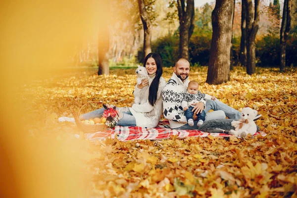 Семья с сыном в осеннем парке — стоковое фото