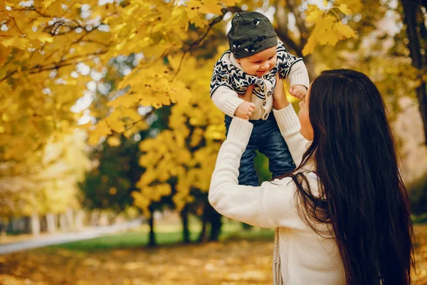 Sonbahar parkında küçük oğlu olan bir aile. — Stok fotoğraf