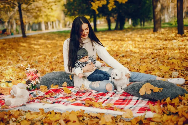 Familj med liten son i en höstpark — Stockfoto