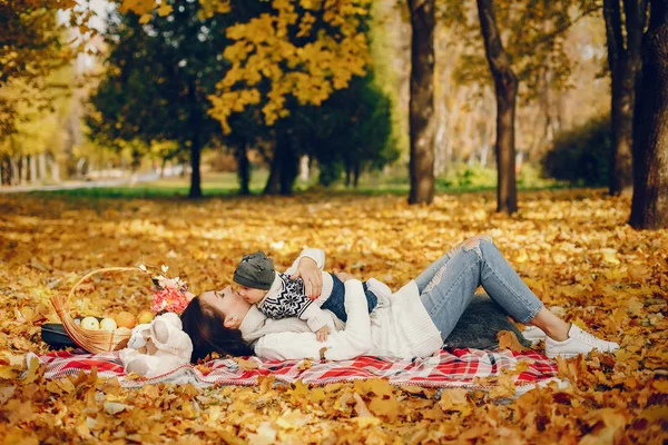 Sonbahar parkında küçük oğlu olan bir aile.