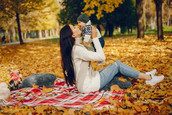 Sonbahar parkında küçük oğlu olan bir aile.