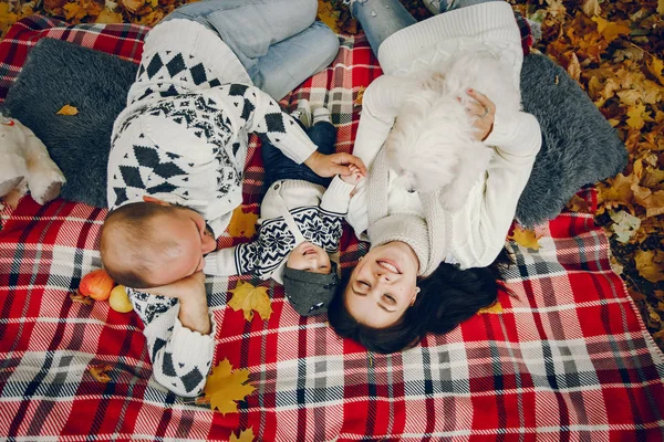 Sonbahar parkında oğluyla bir aile.