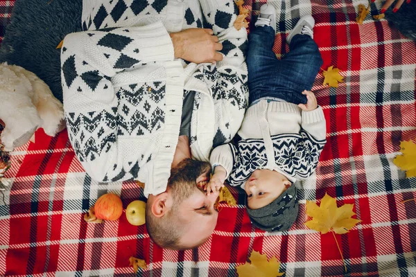 Sonbahar parkında oynayan sevimli bir aile.