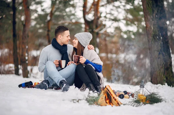 Couple mignon et aimant dans une forêt d'hiver — Photo